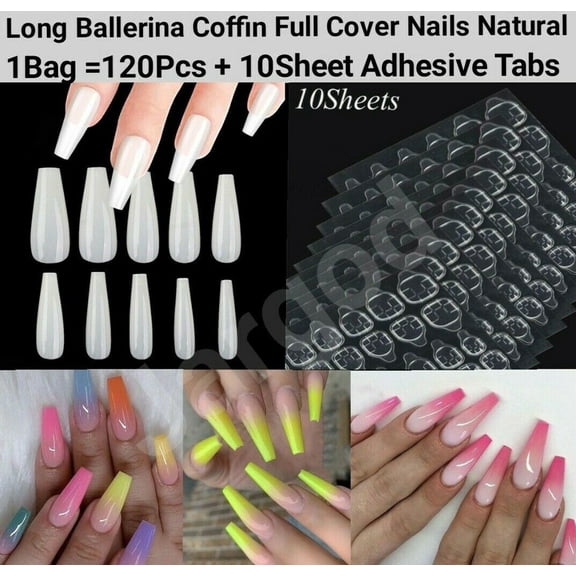 120pcs Long Ballerina Coffin Full Cover Fake Nails False Nail Artificial tips Press on nails plus 10 Sheet (240 Tabs) Nail Adhesive Jargod