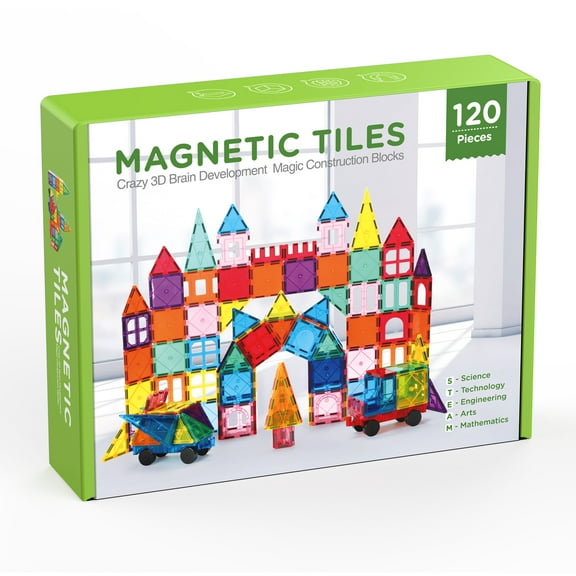 120pcs Magnetic Tiles for Kids,Educational Magnetic Building Blocks for Boys Girls, STEM Preschool Kindergarten Learning Toys