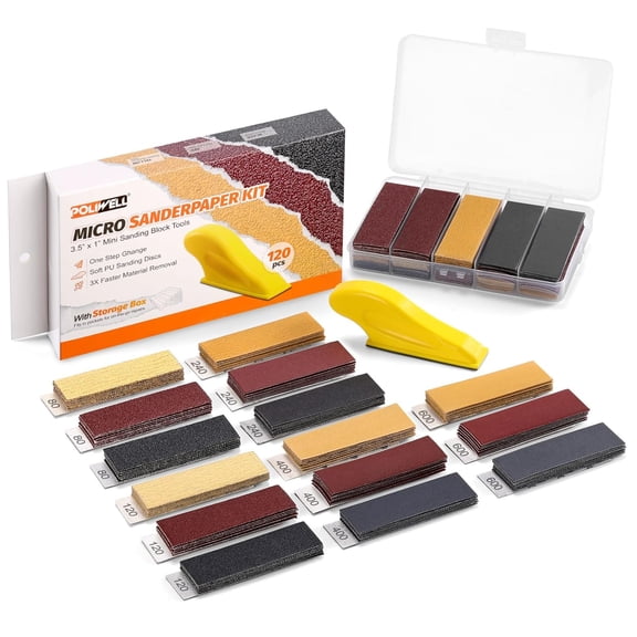 120pcs Micro Detail SanderPaper Kit with Storage Box 3.5 x 1 Hand Sanding Block for Small Projects 3-in-1 Sand Paper Kit 80-600 Grit Sandpaper Assortment Pack Wood Tight Narrow Spaces