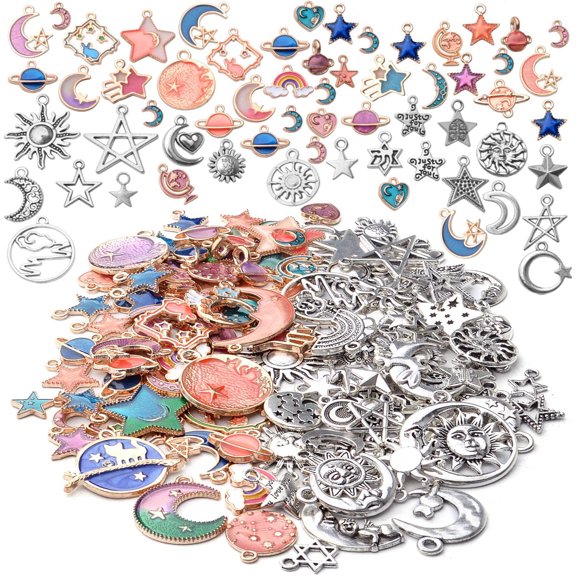 120pcs Mixed Antique Silver Sun Stars Moon Charm Pendant,Enamel Moon Star Cat Charms Pendants for DIY Earrings Necklace Jewelry Making Crafts