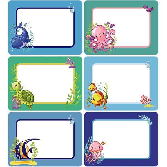 120pcs Ocean Sea Animal Name Tag Labels Stickers Classroom Multi Purpose Under The Sea Desk Name Tag Stickers Colorful Adhesive Name Sticker for School Students Offices Home Group Events 2.6x3.5 inch