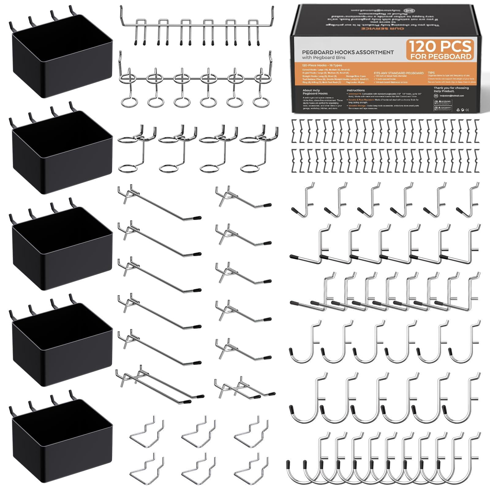 120pcs Pegboard Accessories Organizer Kit  Peg Board Hooks Assortment With Bins For Organizing Various Tools Fit 1/8 Or 1/4 Inch Hanging Storage Garage Wall Attachments