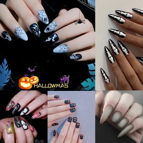 120pcs Press on Nails Combinations Of Halloween Gothic Nail Art, Joints, Spider Webs, Vampire Fangs, Frosted Nail Art, Long and Short Matching Styles, Detachable Finished Fake Nails for Women Girls