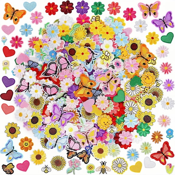 120pcs Random Flower Iron On Patches for Clothes - Decorative Embroidered Patches for Jeans Jackets Backpacks Repair & DIY Customization