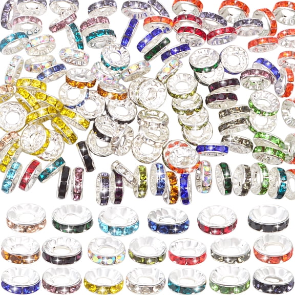 120pcs Rhinestone Spacer Beads 10mm Colorful Brass Round Rondelle Crystal Diamond Large Hole Loose Bead Spacers Bulk for DIY European Bracelets Necklaces Keychains Beaded Pens