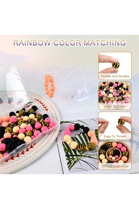 120pcs+ Silicone Beads, Bulk Mixed Colors 15mm & 9mm Round Rubber Beads for Keychain Making, Bracelet Necklace DIY, Craft Pens Accessories, Jewelry Supplies