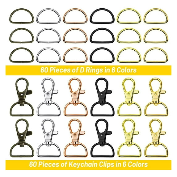 120pcs Snap Key Ring Rotating D Shaped Metal Lanyard Hook Ring for Pet Collar Backpack Handbag