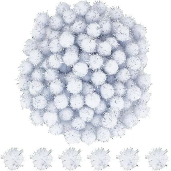 120pcs Sparkle Pom Pom Glitter Ball Bulk 15mm White Fibre Soft Fluffy Decor Round Fuzzy Tinsel Balls Glitters Pompoms for DIY Art Crafting Cat Christmas Party Decorations Findings Silver