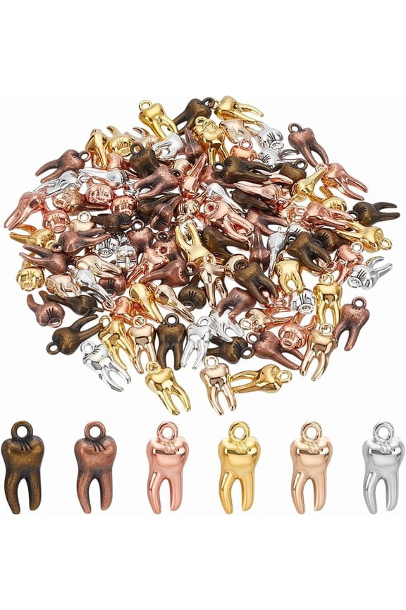 120pcs Tooth Pendant Charms 6 Colors Tooth Shaped Charms Alloy Heathy Teeth Dangle Charms Vintage Funny Charm for Earrings Bracelet Necklace Jewelry Making DIY Supplies Mixed Color