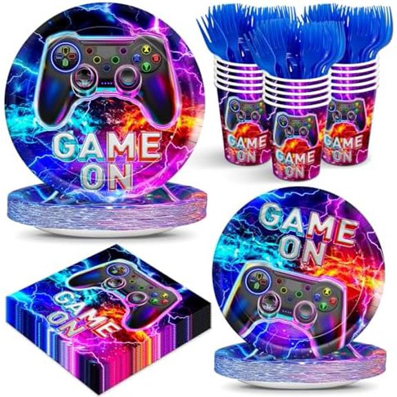 120pcs Video Game Party Plates Napkins Game on Birthday Party Supplies Neon Video Ppaer Cup Gaming Tableware Party Supplies for Boys Girls Gamer Party Serve 24 Guests