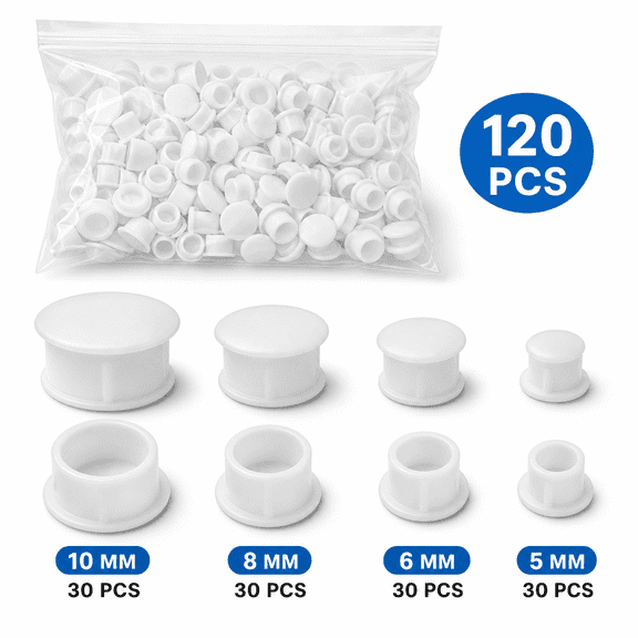 120pcs White Hole Plugs Screw Covers Caps Plastic Screw Caps Round Button Flush Type Plugs Screw Cap Screw Hole Plugs Plastic Hole Cover for Cabinets Shelves Brackets (5Mm/6Mm/8Mm/10Mm)