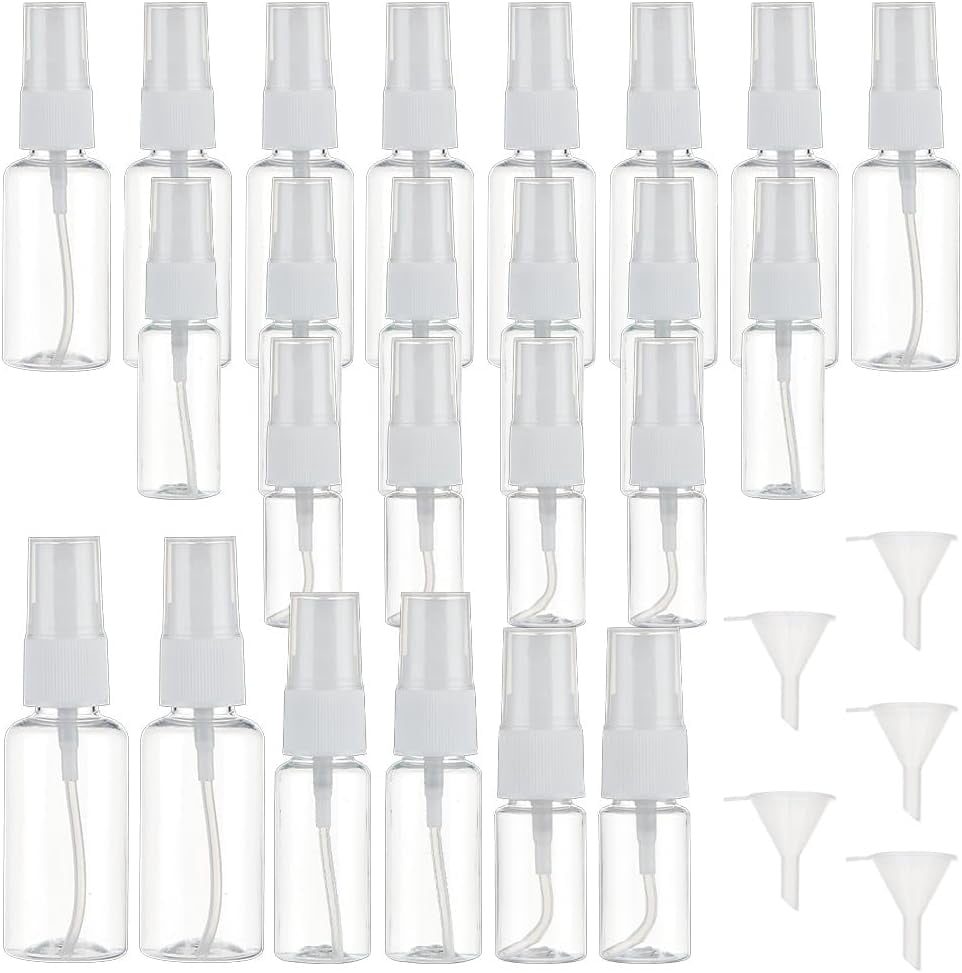 120pcs White Plastic Travel Spray Bottles with 6pcs Plastic Funnels 0.3oz/10ml 0.7oz/20ml 1oz/30ml Mini Clear Spray Bottles Refillable Liquid Travel Containers for Lotion Carry for DIY