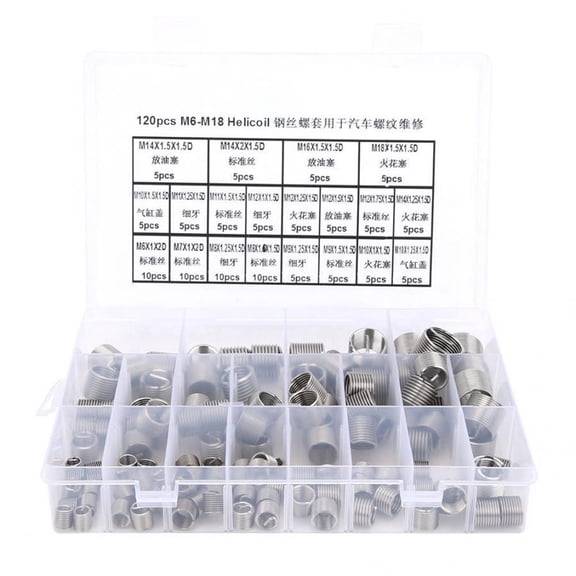 120pcs Wire Screw Sleeve Thread Insert Set M6/M7/M8/M9/M10/M11/M12/M14/M16/M18 Stainless Steel Metric Thread Repair Insert Kit