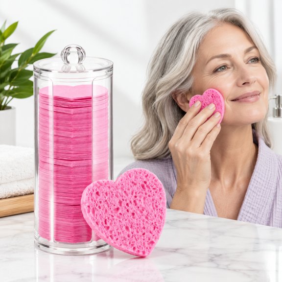120pressed Facial Sponges With Container Disposable Face Round Soft Pads For Washingnsing Esthetician Makeup Removal Travel (hear