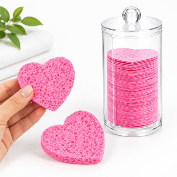 120pressed Facial Sponges With Container Disposable Face Round Soft Pads For Washingnsing Esthetician Makeup Removal Travel (hear