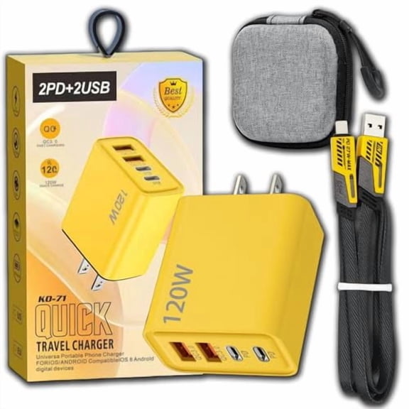 120w Dual USB & Dual Type-C Fast Charger, All-New Upgraded Thermal Optimized Charger 120 Watt, with 59in Flat Braided Mechanical Style Multi-Function Cable