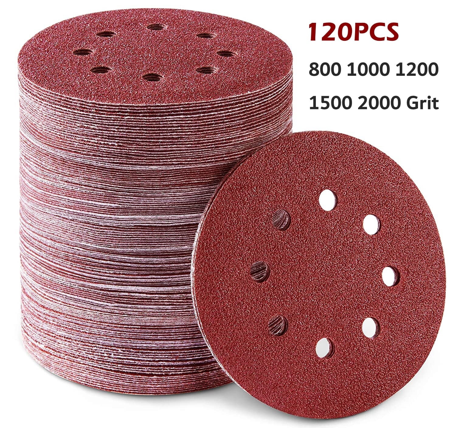 SATC 120Pcs 5" Sanding Discs Hook and Loop 8-Hole Orbital Sander Sandpaper 800-2000 Grit for Polishing