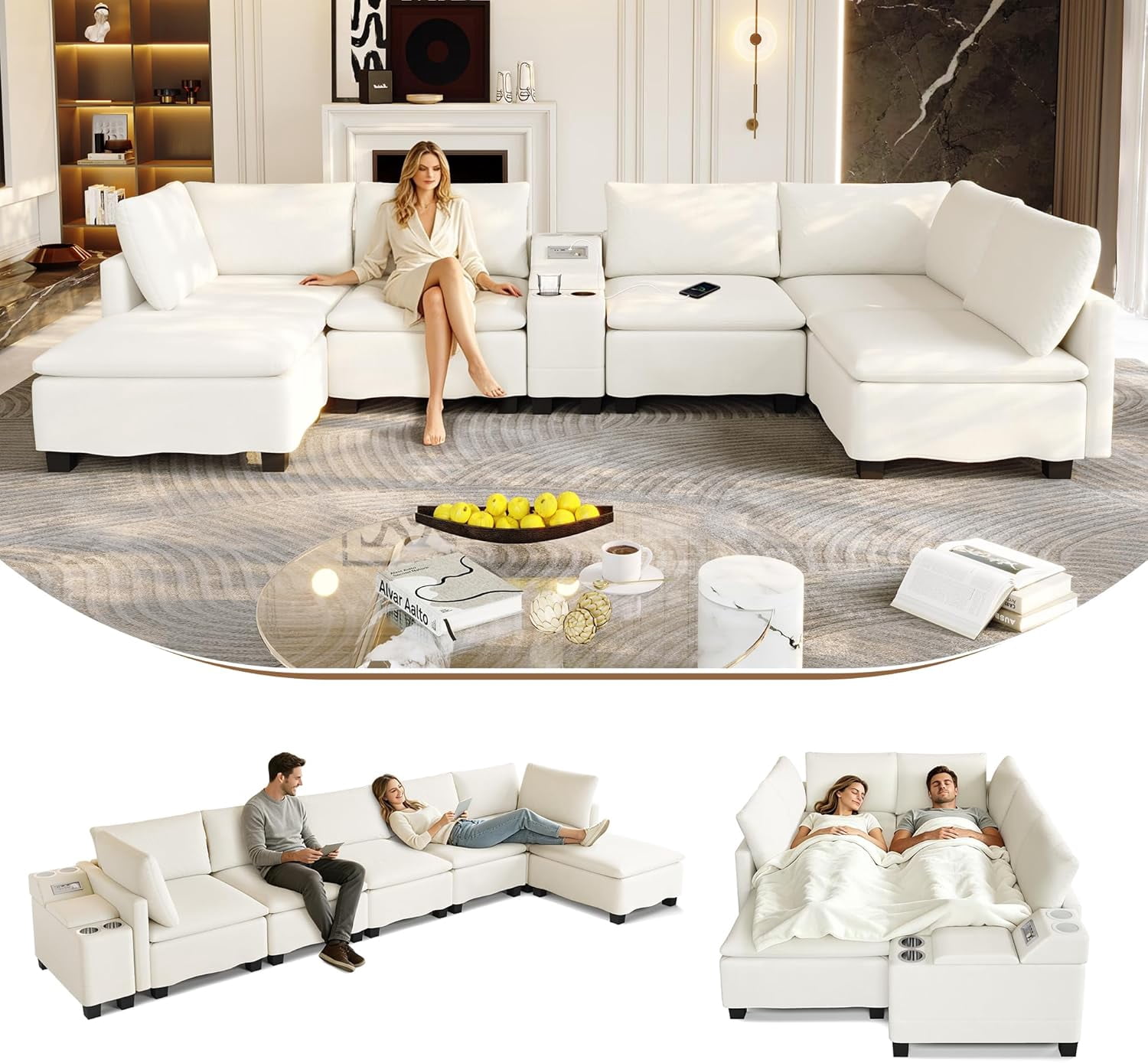 121.2" Modular Sectional Sofa, 6 Seat U Shaped Comfy Couches for Living Room and Apartment, Chenille Large Cloud Couch Set with Bluetooth Speaker, Storage, USB, Cup Holders and Ottoman, Beige
