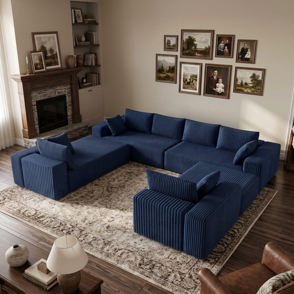 121.2" Modular U-Shaped Sectional Sofa Corduroy, 96" Extra Deep Seat Convertible Sleeper Cloud Couch, Blue