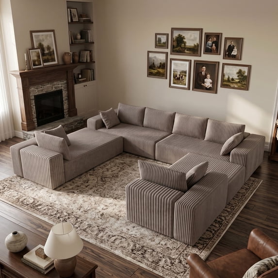 121.2" Modular U-Shaped Sectional Sofa Corduroy, 96" Extra Deep Seat Convertible Sleeper Cloud Couch, Camel