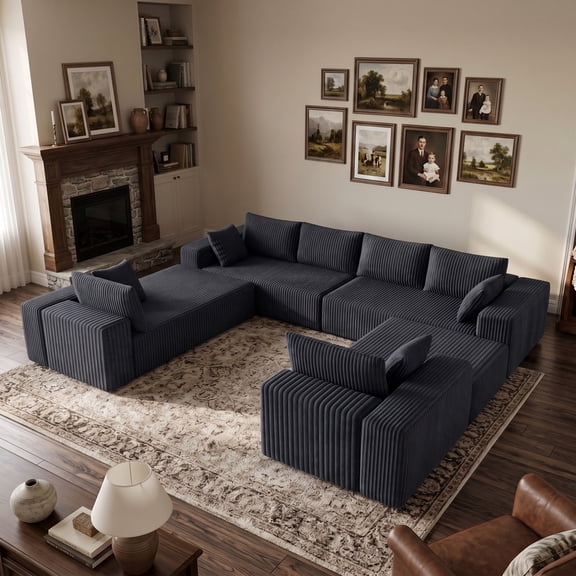 121.2" Modular U-Shaped Sectional Sofa Corduroy, 96" Extra Deep Seat Convertible Sleeper Cloud Couch, Dark Grey