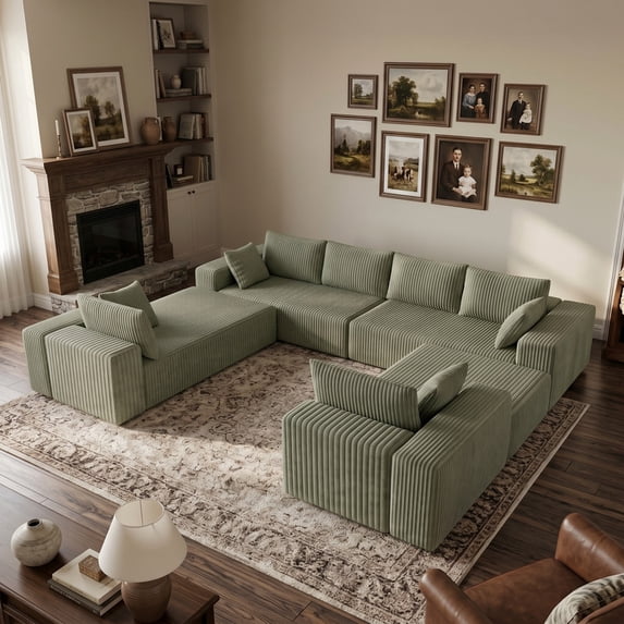 121.2" Modular U-Shaped Sectional Sofa Corduroy, 96" Extra Deep Seat Convertible Sleeper Cloud Couch, Green
