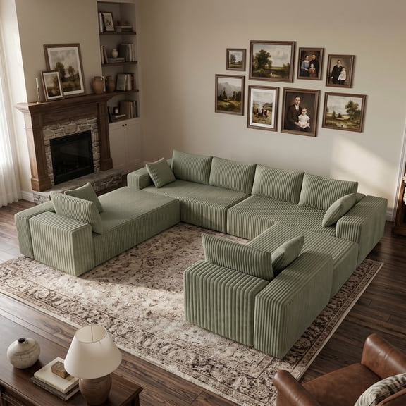 121.2" Modular U-Shaped Sectional Sofa Corduroy, 96" Extra Deep Seat Convertible Sleeper Cloud Couch, Green