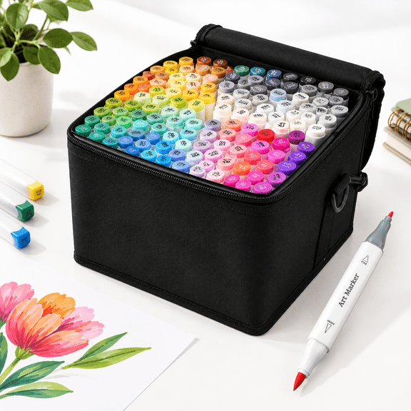 121 Colors Brush & Fine Double Tipped Art Markers with Carry Case for Adult Coloring Illustration