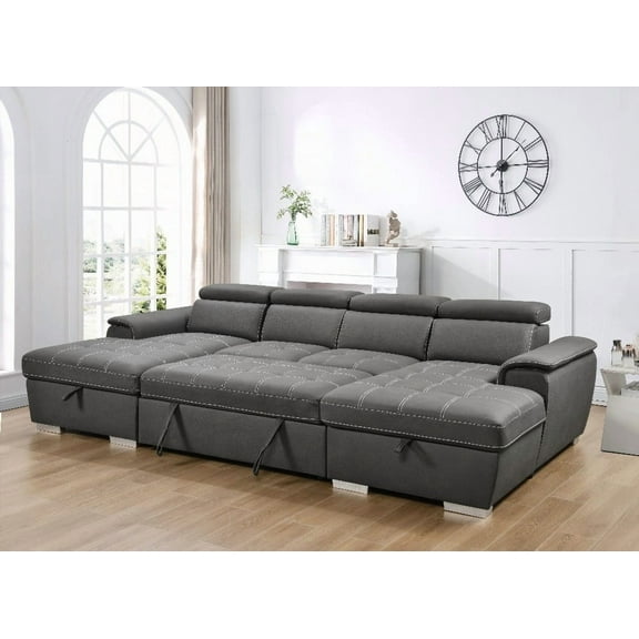 121 Inch Overisze U Shaped Sleeper Sofa - 2 in 1 Pull Out Bed & Double Storage Chaise, Charcoal Grey