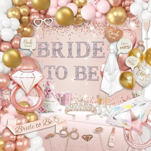 121 Pcs Bachelorette Party Decorations Kit Rose Gold Style Bridal Shower Balloons Decor Bride to Be Backdrop, Sash, Veil, Crown, Diamond Ring Foil Balloons, Photo Booth Props Supplies