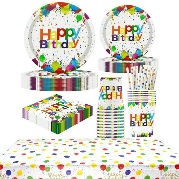 121 Pcs Birthday Party Tableware Set, Boriyuan Birthday Party Supplies with Paper Plates and Cups, Napkins, Straws, Tablecloth, Serves 24 Guests