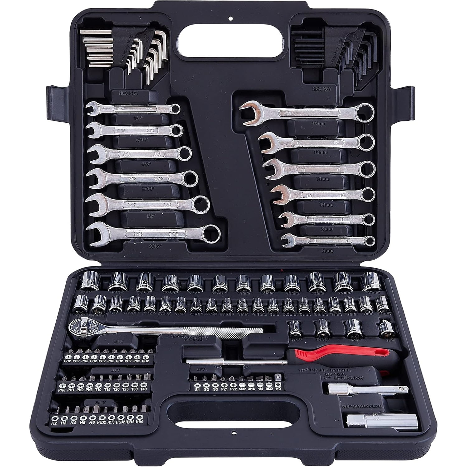 121 Piece Mechanic Tool Set, 1/4 & 3/8 Inch Drive Metric & Standard Socket Wrench Kit, for General, Home, Car, Mechanics, Automotive Repair Tool Kit and as A Gift