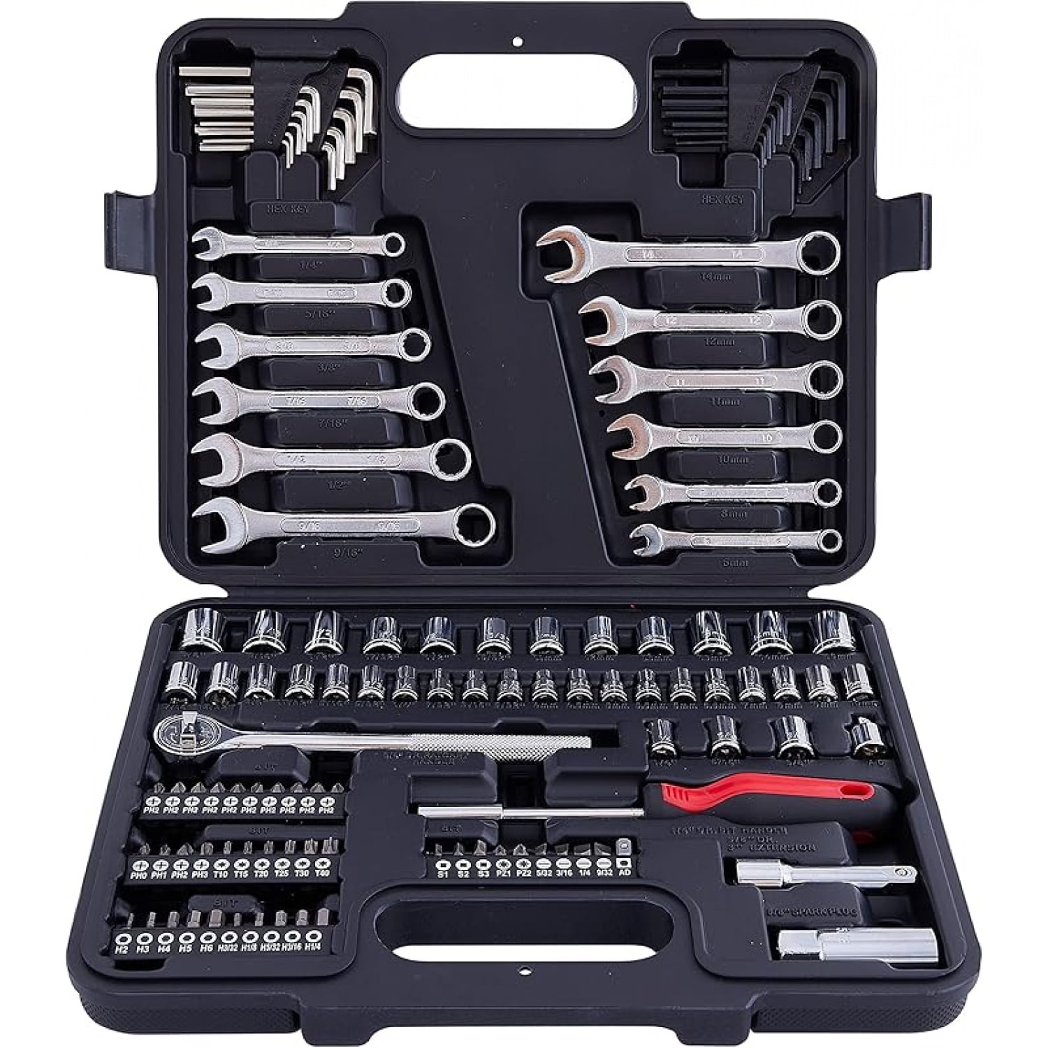 121 Piece Mechanic Tool Set, 1/4 & 3/8 Inch Drive SAE & Metric Socket Wrench Kit, Sockets, Combination Wrenches Auto Repair Tool Set with Storage Case and as A Gift