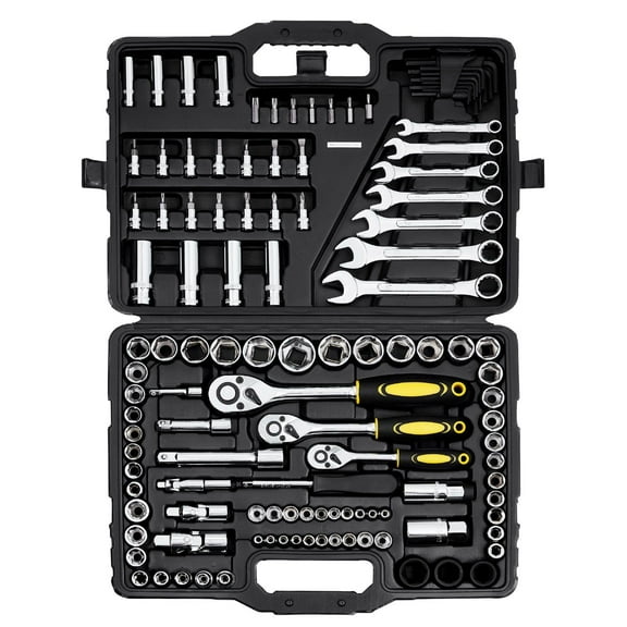 121 Piece Mechanics Tool Set 1/4 3/8 1/2 Drive Sockets SAE Metric Tool Kit with Bits Wrenches Ratchet Handle Accessories Plastic Storage Case for Automotive Repair