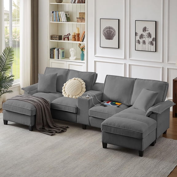 121" U-Shaped Sectional Sofa Couch with Storage Chaise, Console with Cup Holders & USB Ports, Corduroy Fabric Oversized Sofa for Living Room, Bedroom and Apartment,Black