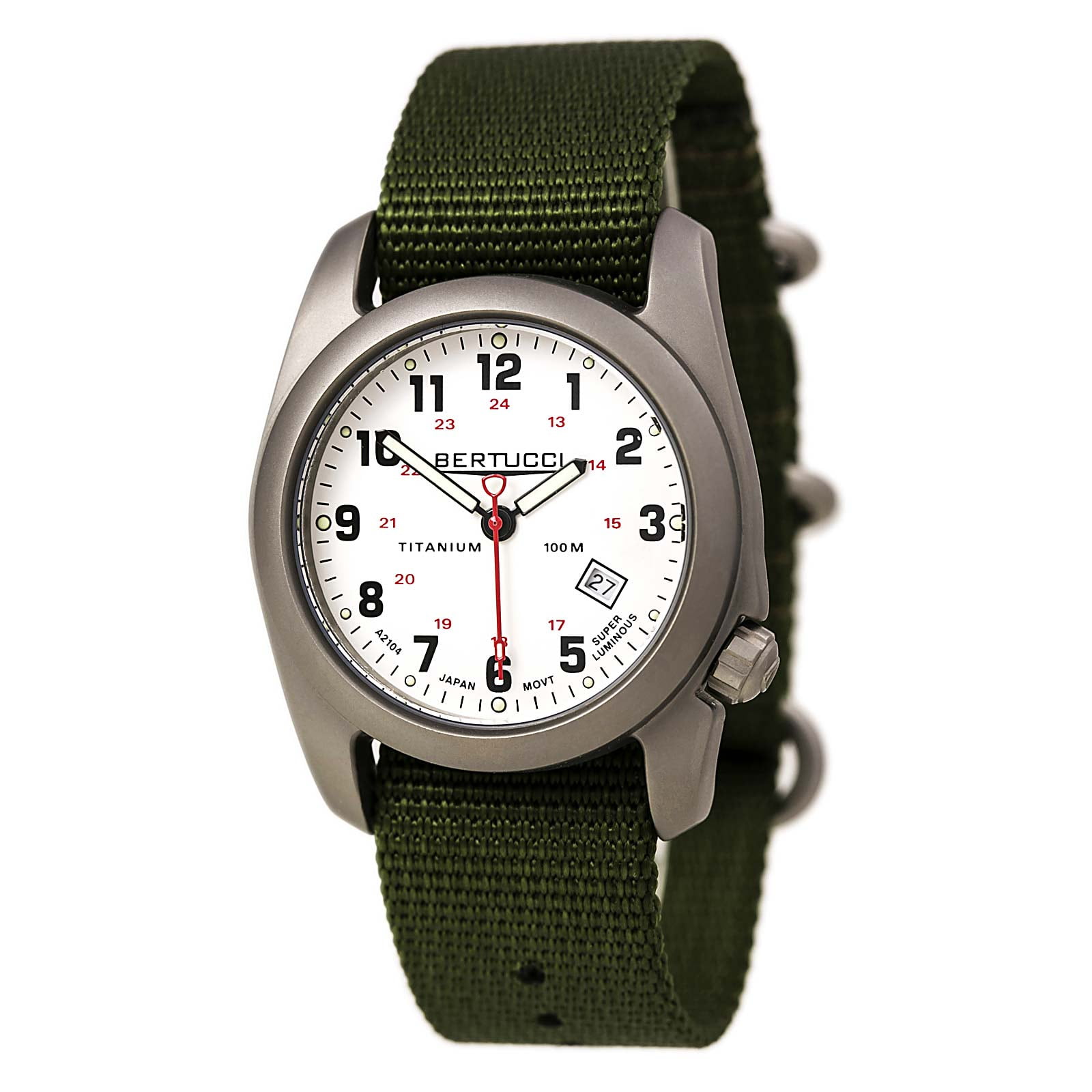 12121 Men's A-2T Original Classics Olive Green Nylon Strap White Dial Watch