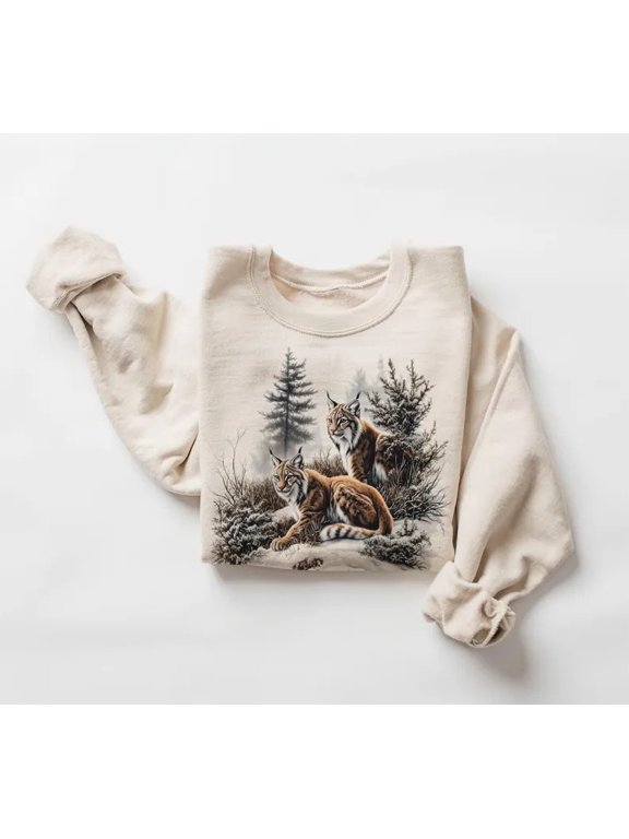 Retro Lynx Winter Forest Scene Sweatshirt Graphic Top