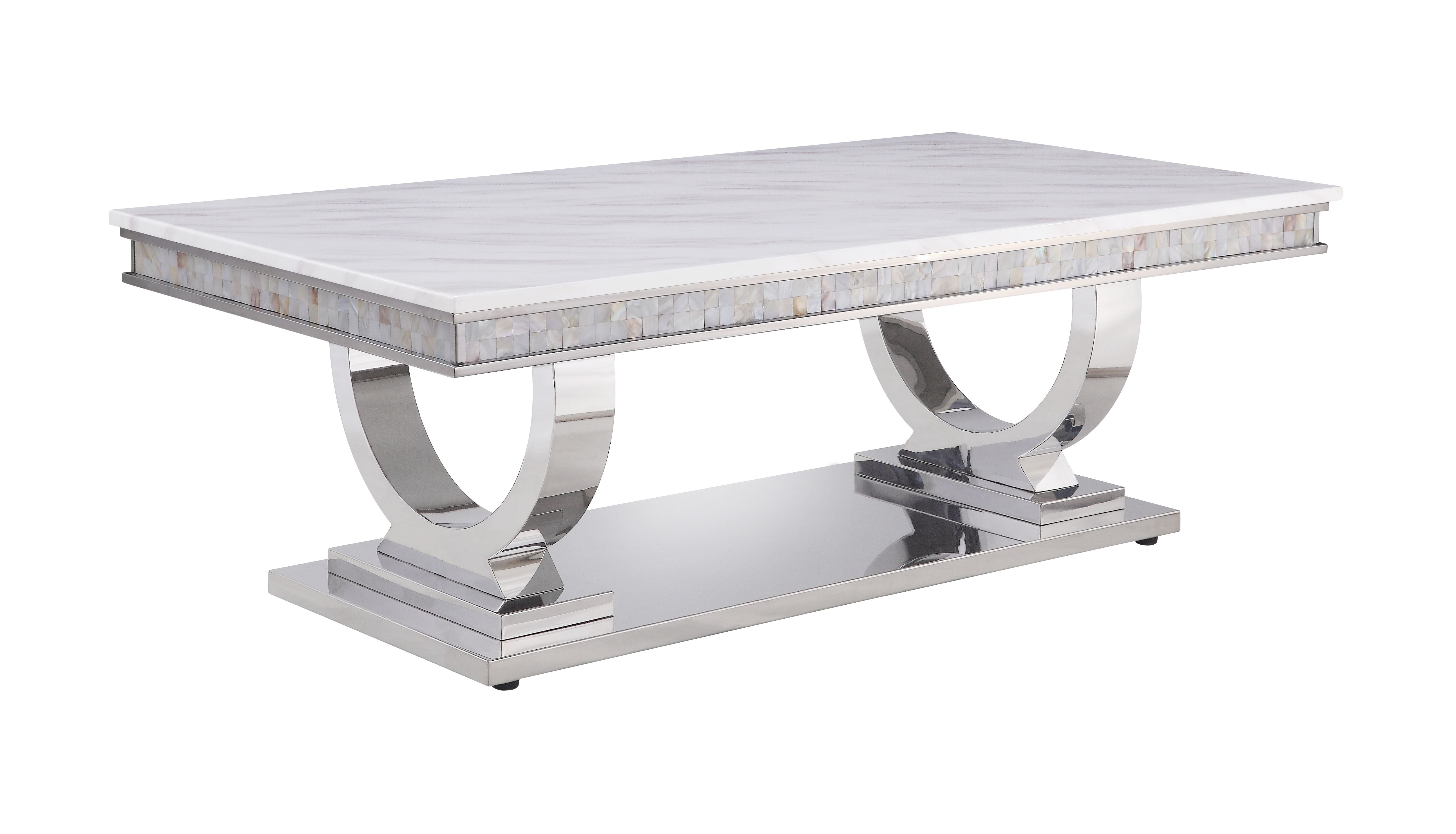 Contemporary Zander 54'' White Faux Marble Coffee Table with Silver Finish