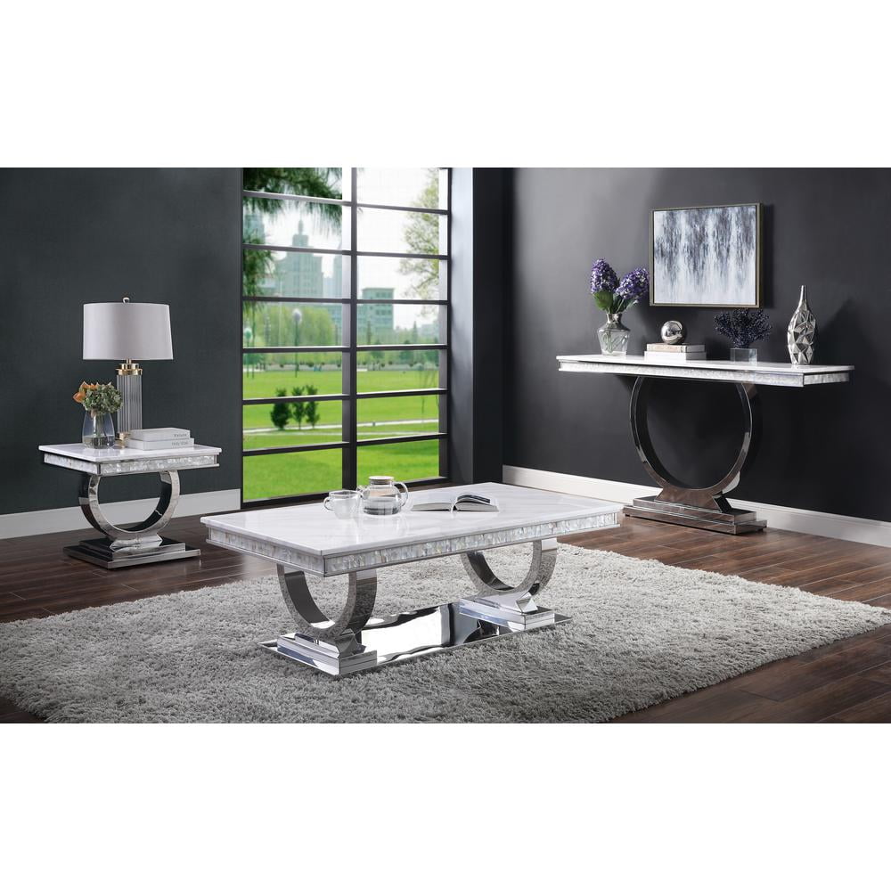 Contemporary Zander 54'' White Faux Marble Coffee Table with Silver Finish
