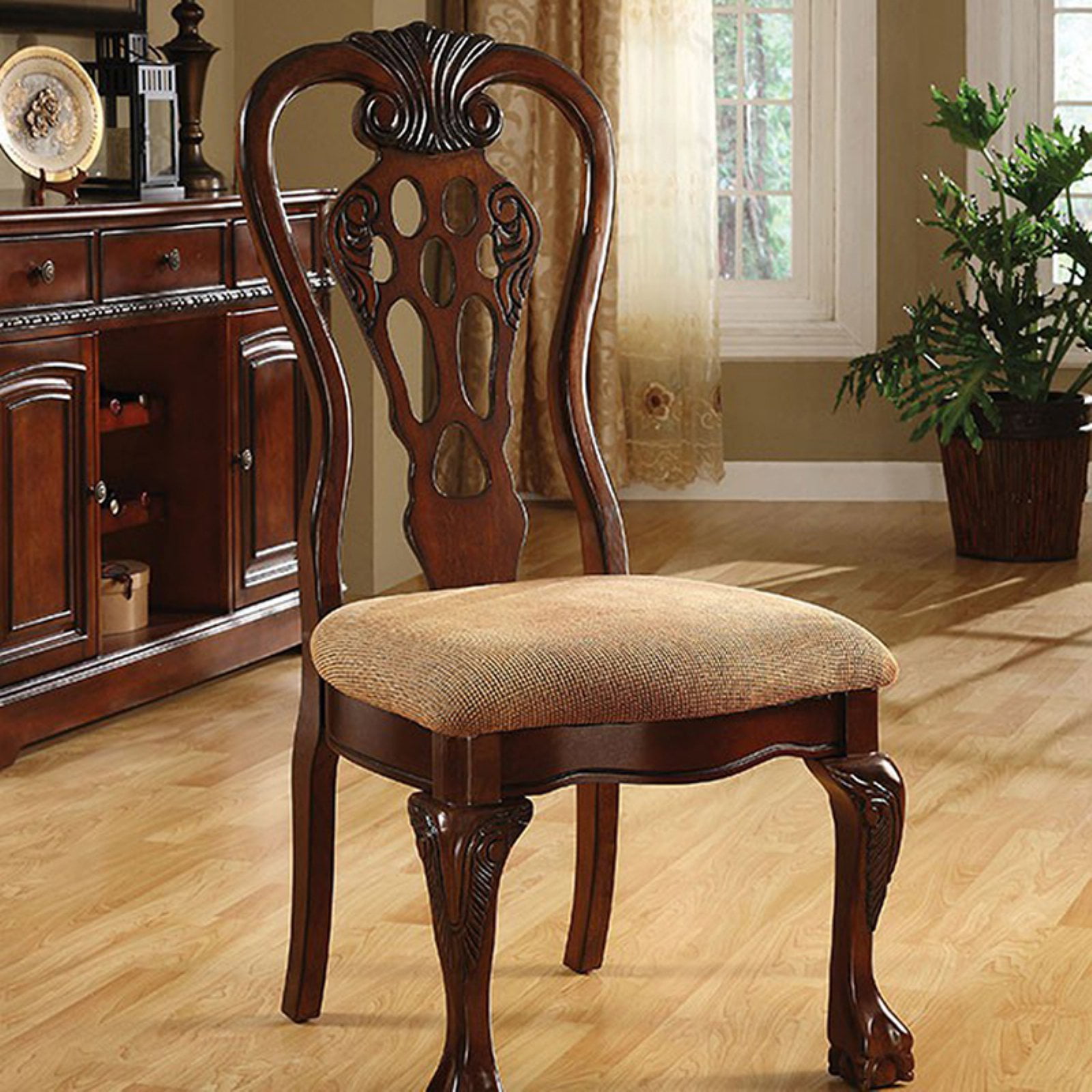 Elegant Traditional Brown Wood Upholstered Dining Side Chair