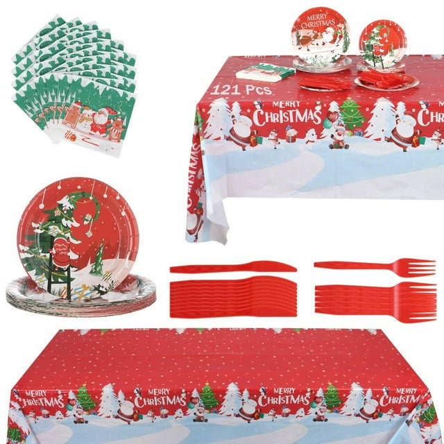 121PCS Christmas Dinnerware Set, Christmas Party Supplies Tableware Set