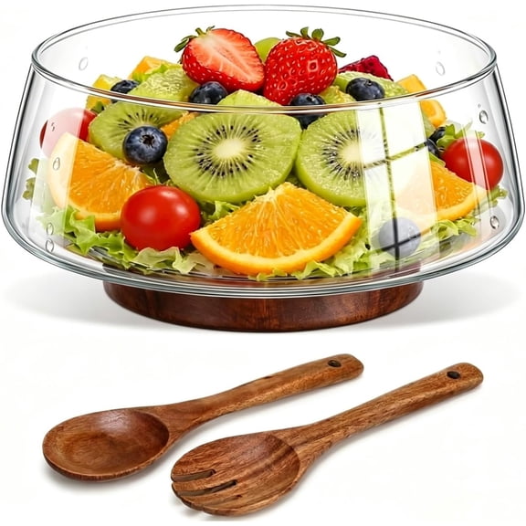 121oz Large Glass Salad Bowl with  Base & Spoons | Ribbed Clear Mixing Bowl Set, 3.8QT Serving Bowl for Fruits, Pasta & Parties - Elegant Holiday Kitchen  for Thanksgiving