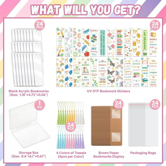 121pcs Books and Flower UV DTF Bookmark Making Kit Acrylic Carft for Women Men Kid Adult DIY Personalized Cute Bookmarker Decal Stickers Warps Kit for Students Teachers Book Lovers Reading