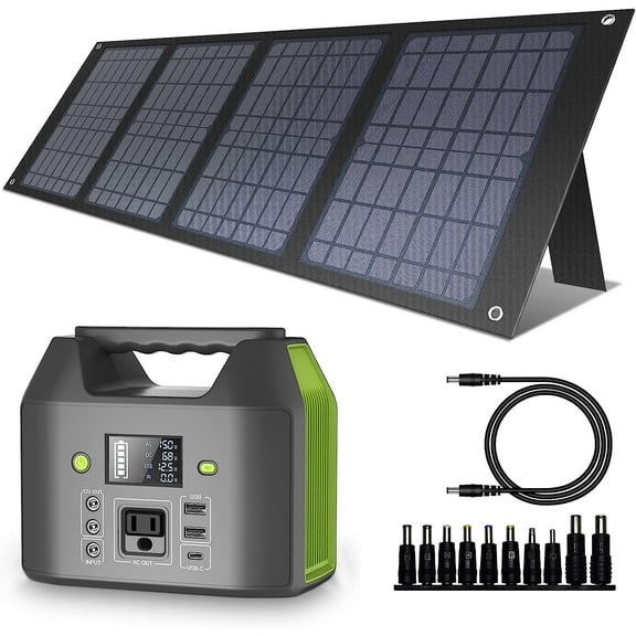 122.8Wh Portable Power Station with 60W Solar Panel, 38400mAh LiFePO4 Battery Backup, 150W AC Outlet & 6 Outputs for Home, Camping, Emergency