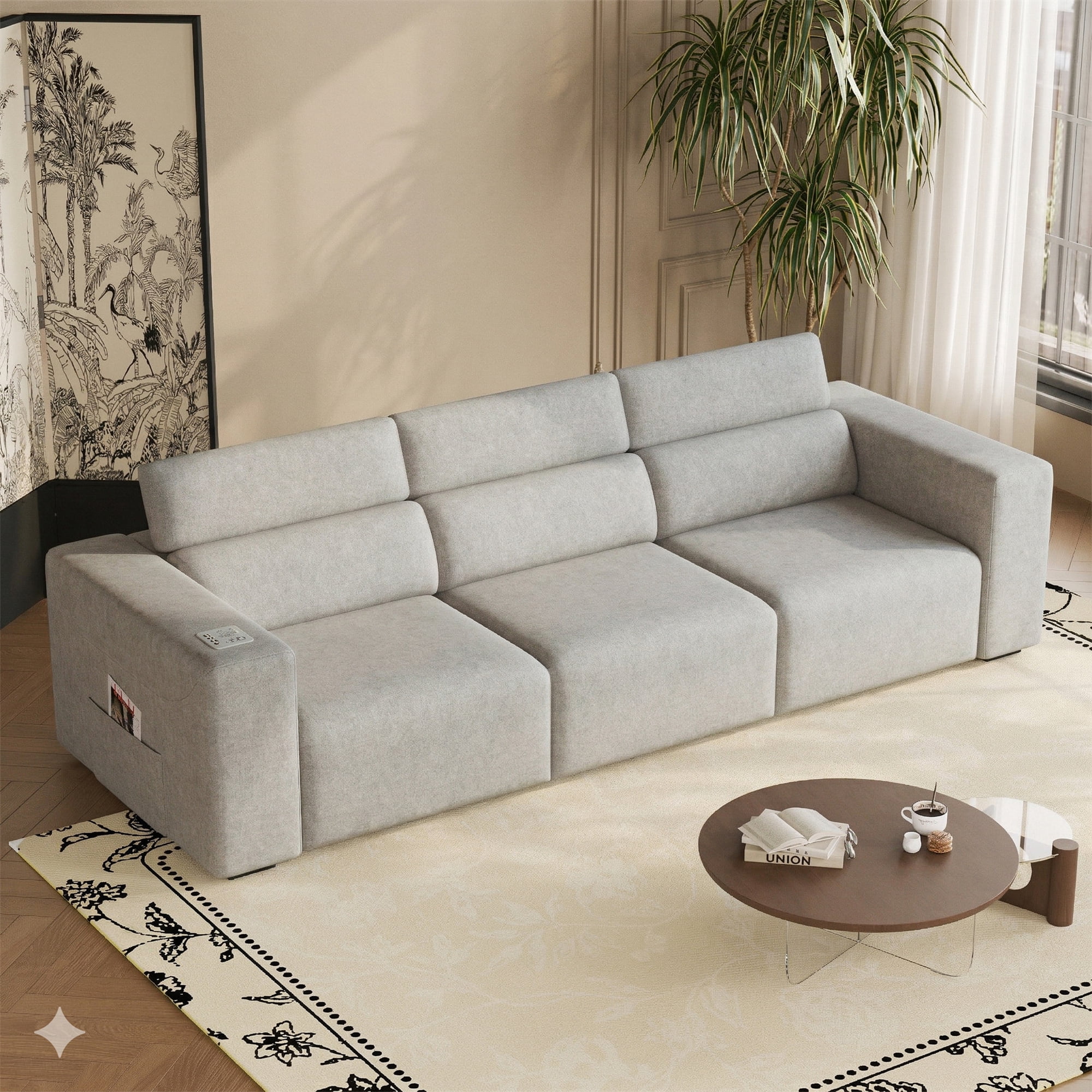 124" Convertible Power Recliner Sleeper Sofa with Adjustable Headrests, PU Leather 3-Seat Couch with Bluetooth Speakers, Wireless Charging, USB/Type-C & Night Light, Waterproof Faux Leather, Gray