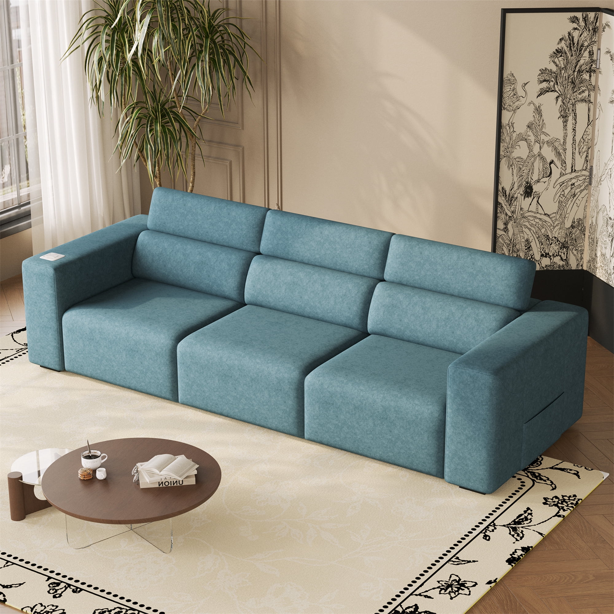 124" Convertible Power Recliner Sleeper Sofa with Adjustable Headrests, PU Leather 3-Seat Couch with Bluetooth Speakers, Wireless Charging, USB/Type-C & Night Light, Waterproof Faux Leather, Blue