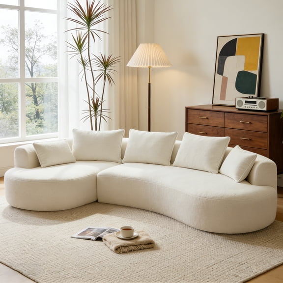 122" Curved Modular Sectional Sofa with Chaise, Sheepskin Upholstery, Deep Luxury Cloud Seating, 5-Seat L-Shaped Sofa, Modern Living Room Sofa for Apartment