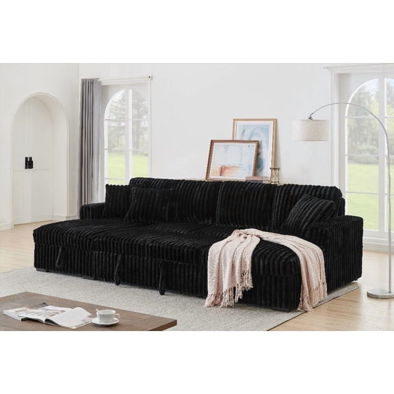 122 Inch Overisze U Shaped Sleeper Sofa - 2 in 1 Pull Out Bed & Double Storage Chaise, Rabbit Plush Corduroy for Living Room, Black
