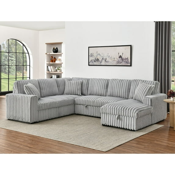 122 Inch Pull Out Couch, Rabbit plush Fabric Sofa Bed with USB Ports & Comfy Upholstered, Oversized U Shape Sectional Sleeper Sofa Bed with Storage Chaise,Gray