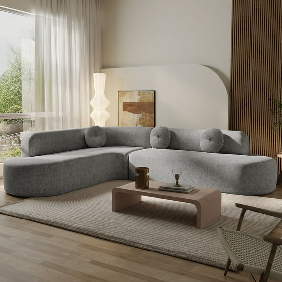 122'' Large Sectional Sofa with Curved Design, High-Resilience Foam & Chenille Fabric for Living Room, Grey